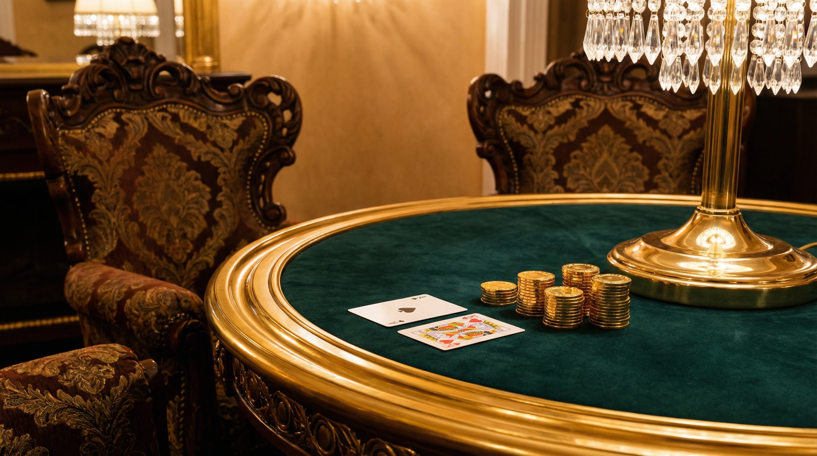 Mesa de blackjack elegante con cartas As y Rey en ambiente de palacio dorado